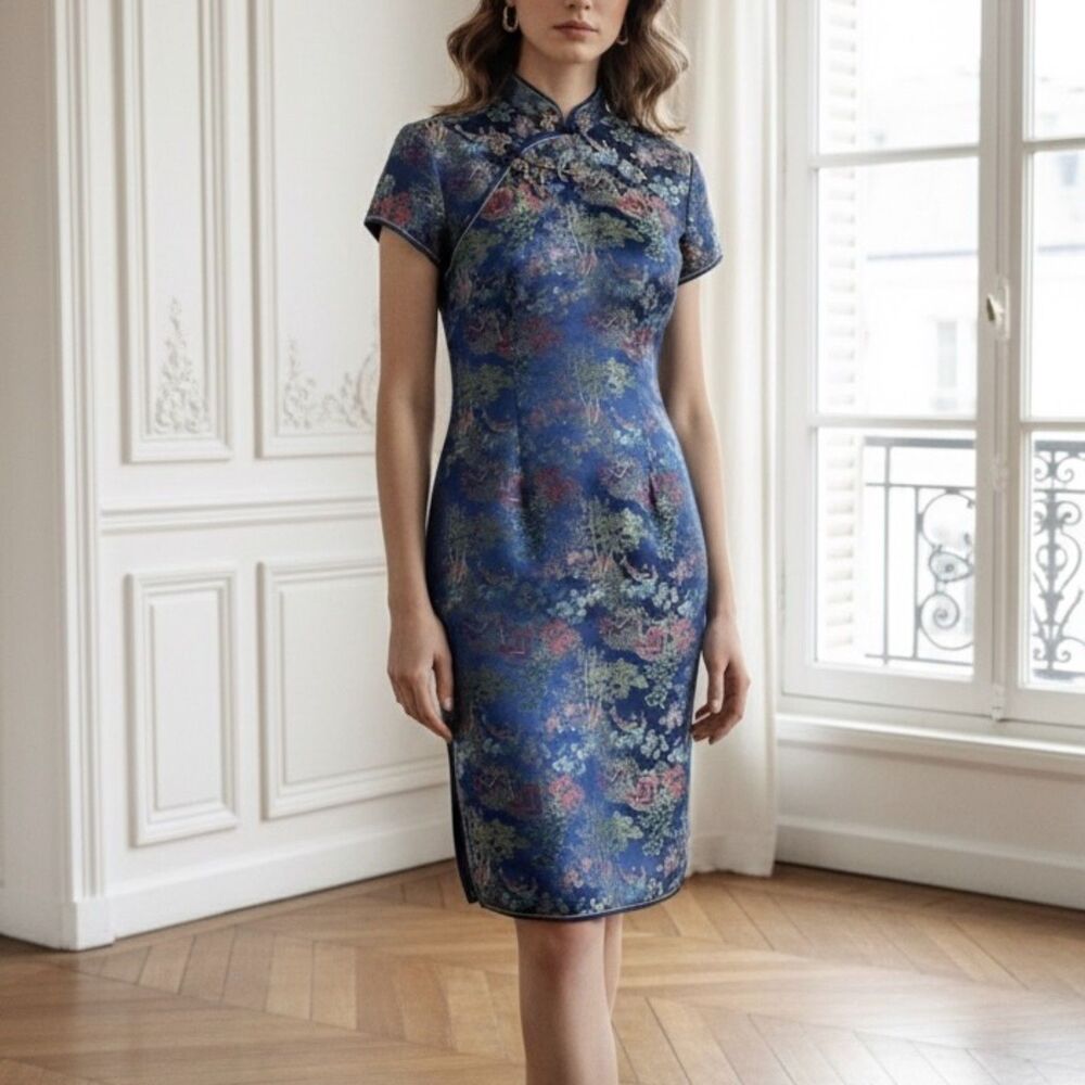 Vintage Peony Brand Shanghai Blue Rayon Cheongsam Dress with Side Slit Size 36
